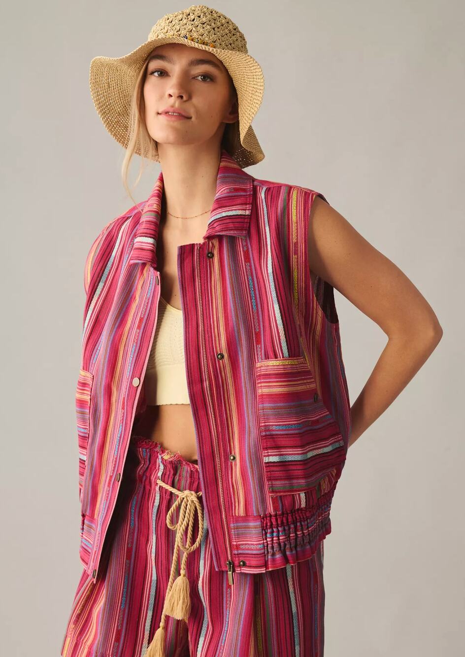 Anthropologie pink striped utility vest